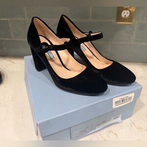 Prada Black Velvet Mary Jane Block Heel Pumps